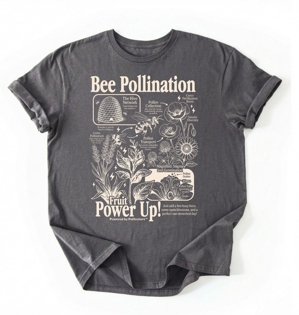 Flat lay of a Charcoal bee pollination shirt brown gardening t shirt beekeeper gift plant lover botanical science design on a white background 