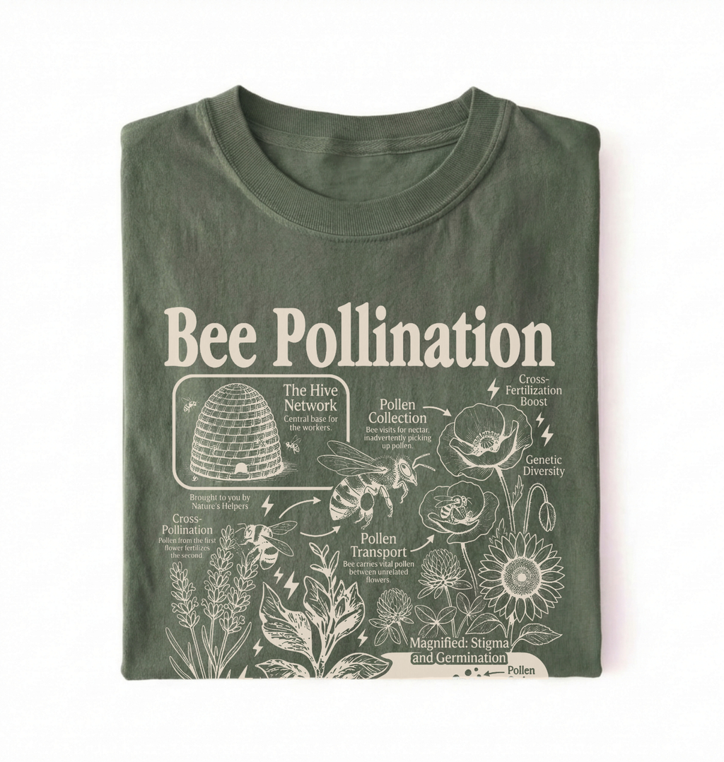 A folded military green t-shirt with a detailed beige graphic about bee pollination, featuring illustrations of a beehive, bees, flowers, and pollination terms, on a white background.
