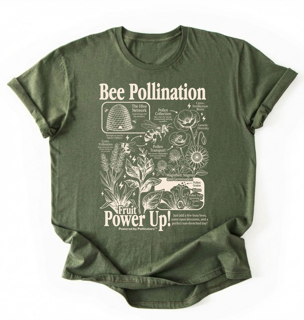 Flat lay of a Moss Military Green bee pollination shirt brown gardening t shirt beekeeper gift plant lover botanical science design on a white background 