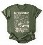 Flat lay of a Moss Military Green bee pollination shirt brown gardening t shirt beekeeper gift plant lover botanical science design on a white background 