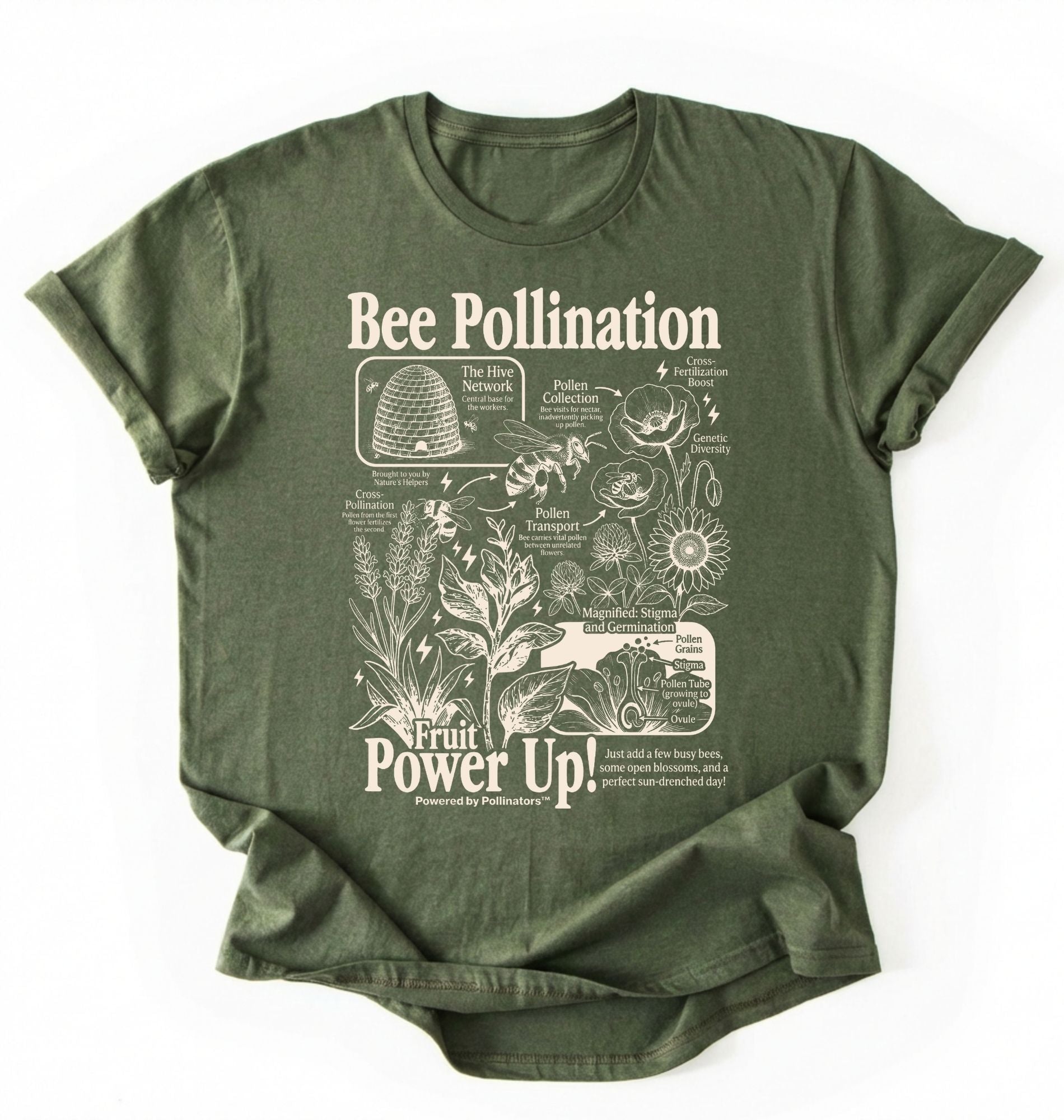 Flat lay of a Moss Military Green bee pollination shirt brown gardening t shirt beekeeper gift plant lover botanical science design on a white background 