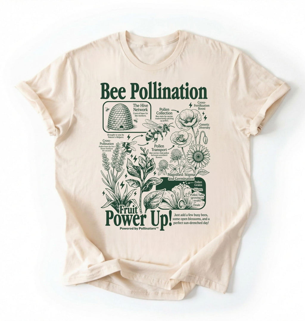 Flat lay of a ivory Military Green bee pollination shirt brown gardening t shirt beekeeper gift plant lover botanical science design on a white background 