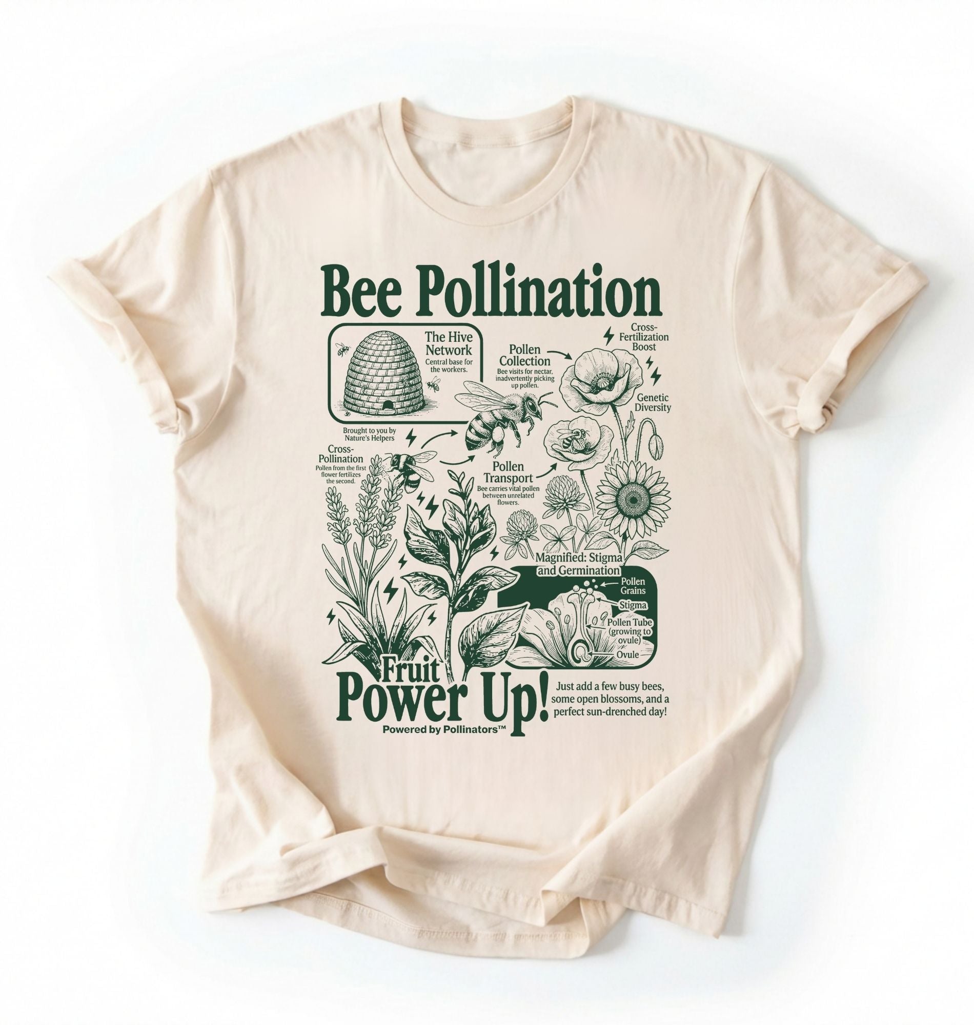Flat lay of a ivory Military Green bee pollination shirt brown gardening t shirt beekeeper gift plant lover botanical science design on a white background 