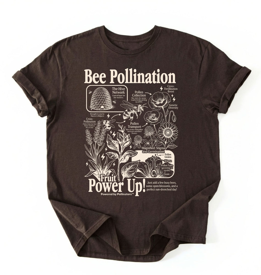 Flat lay of a dark chocolate bee pollination shirt brown gardening t shirt beekeeper gift plant lover botanical science design on a white background 