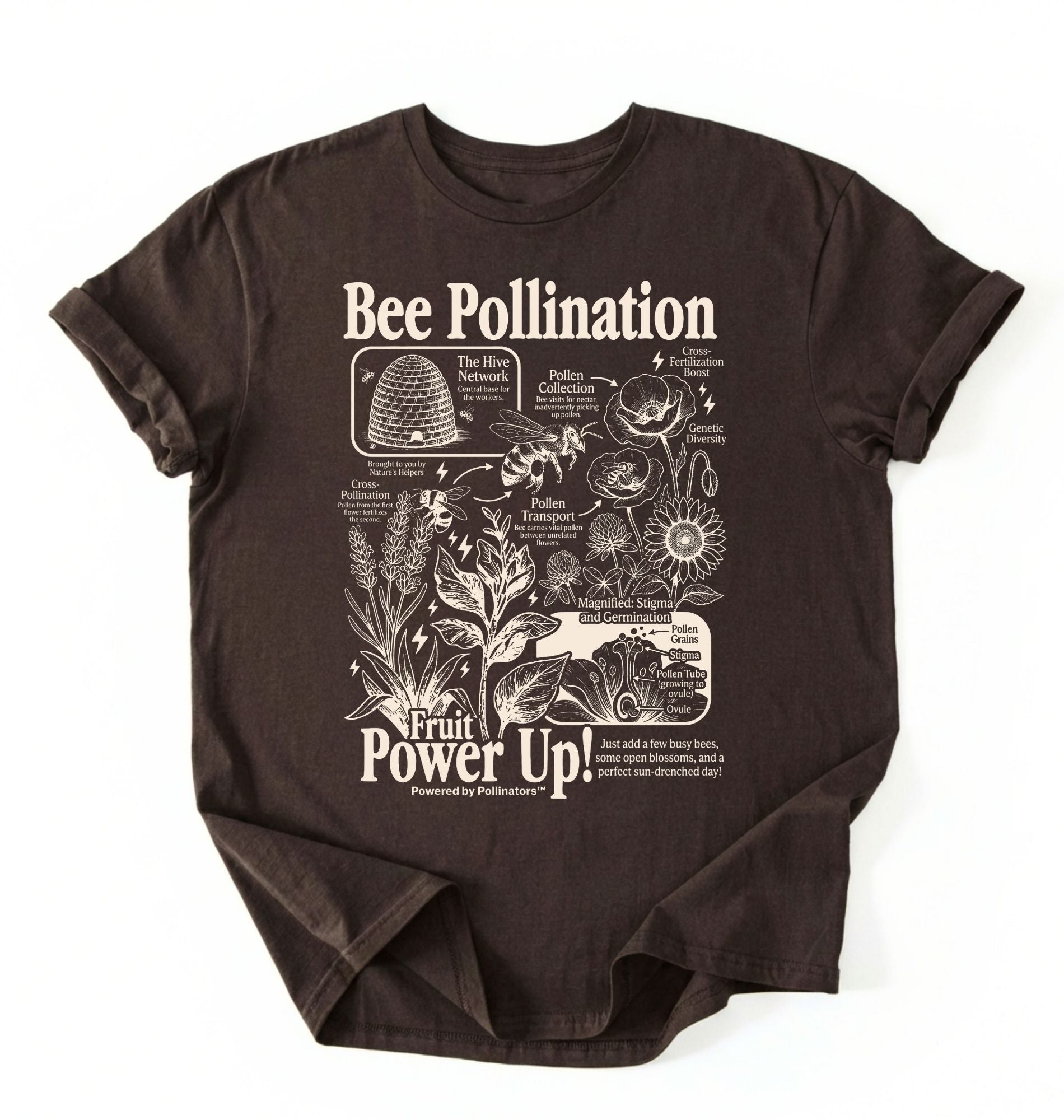 Flat lay of a dark chocolate bee pollination shirt brown gardening t shirt beekeeper gift plant lover botanical science design on a white background 