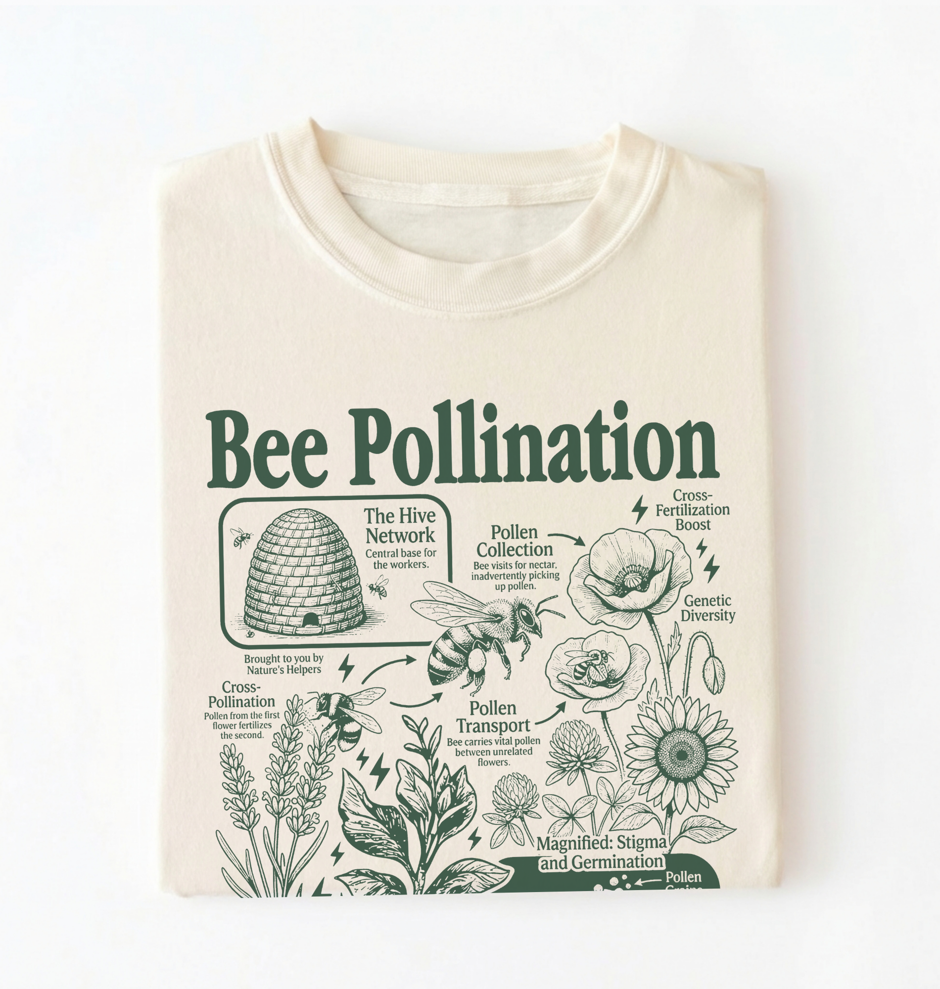 A natural crewneck t-shirt with a detailed green graphic print about bee pollination, featuring illustrations of a beehive, flowers, bees, and pollen transport, laid flat against a white background.