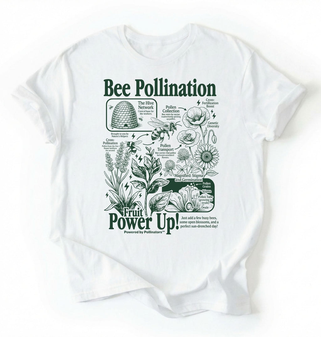 Flat lay of a white bee pollination shirt brown gardening t shirt beekeeper gift plant lover botanical science design on a white background 