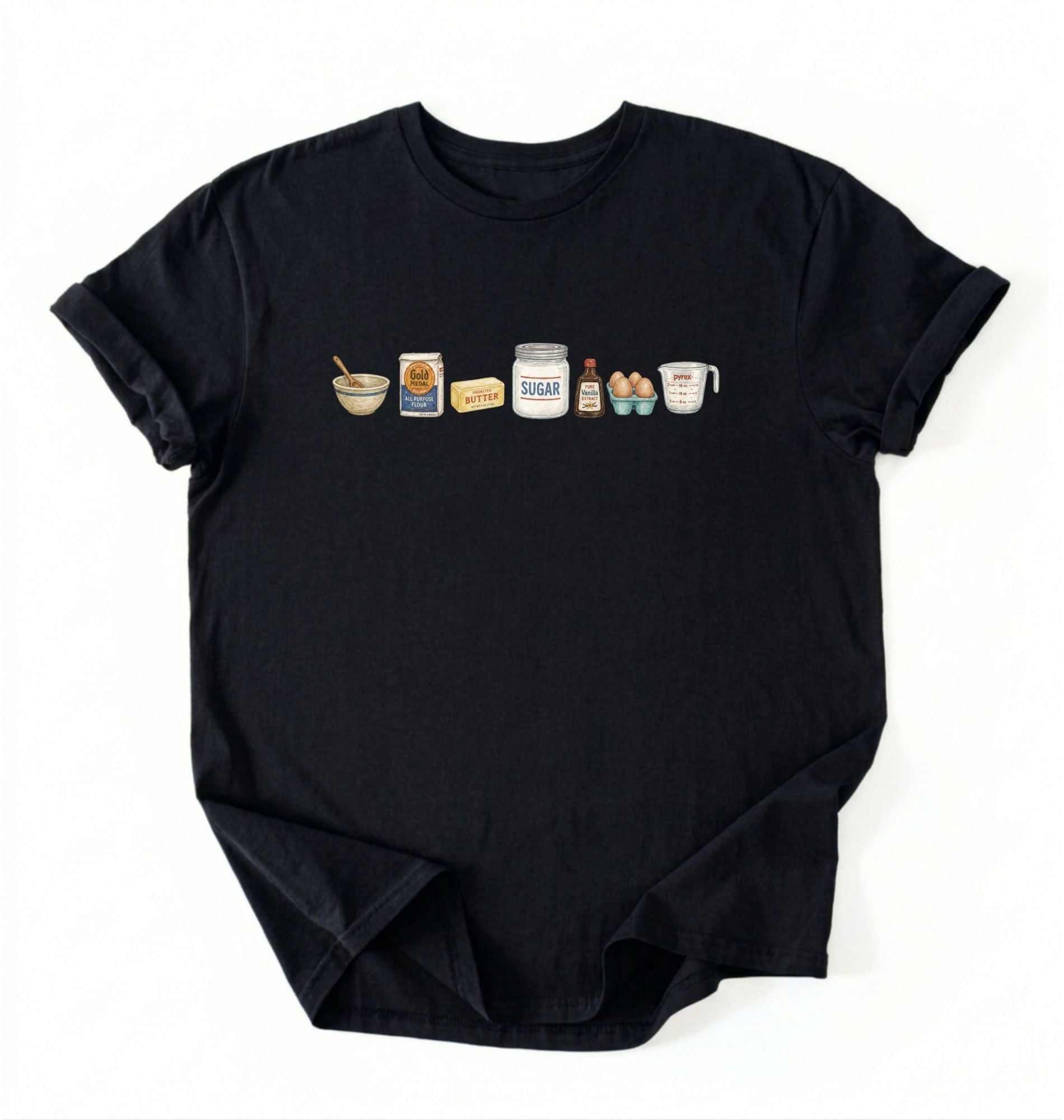 Black t-shirt with illustrated baking ingredients on a white background