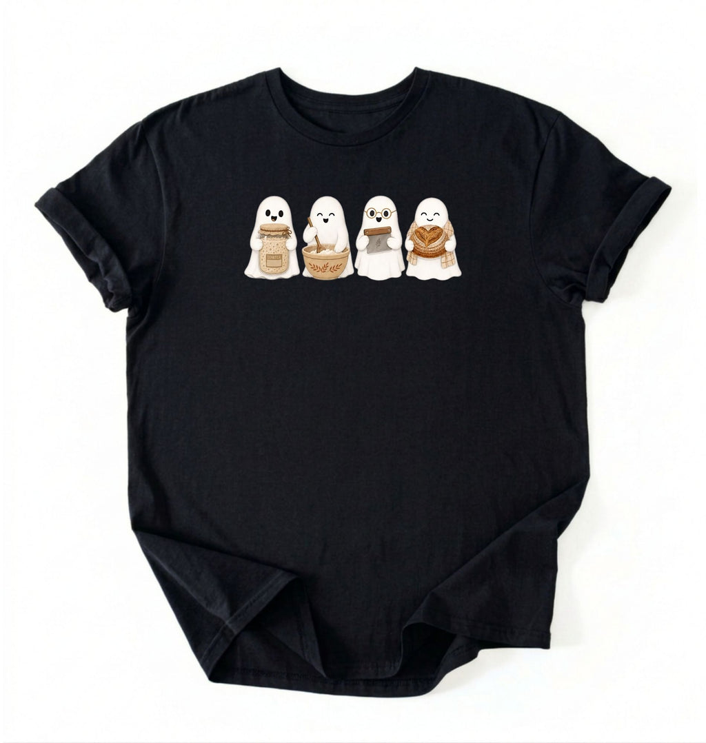 Ghost Baking Crew T‑Shirt, Cute Ghosts with Bread, Pastry & Coffee
