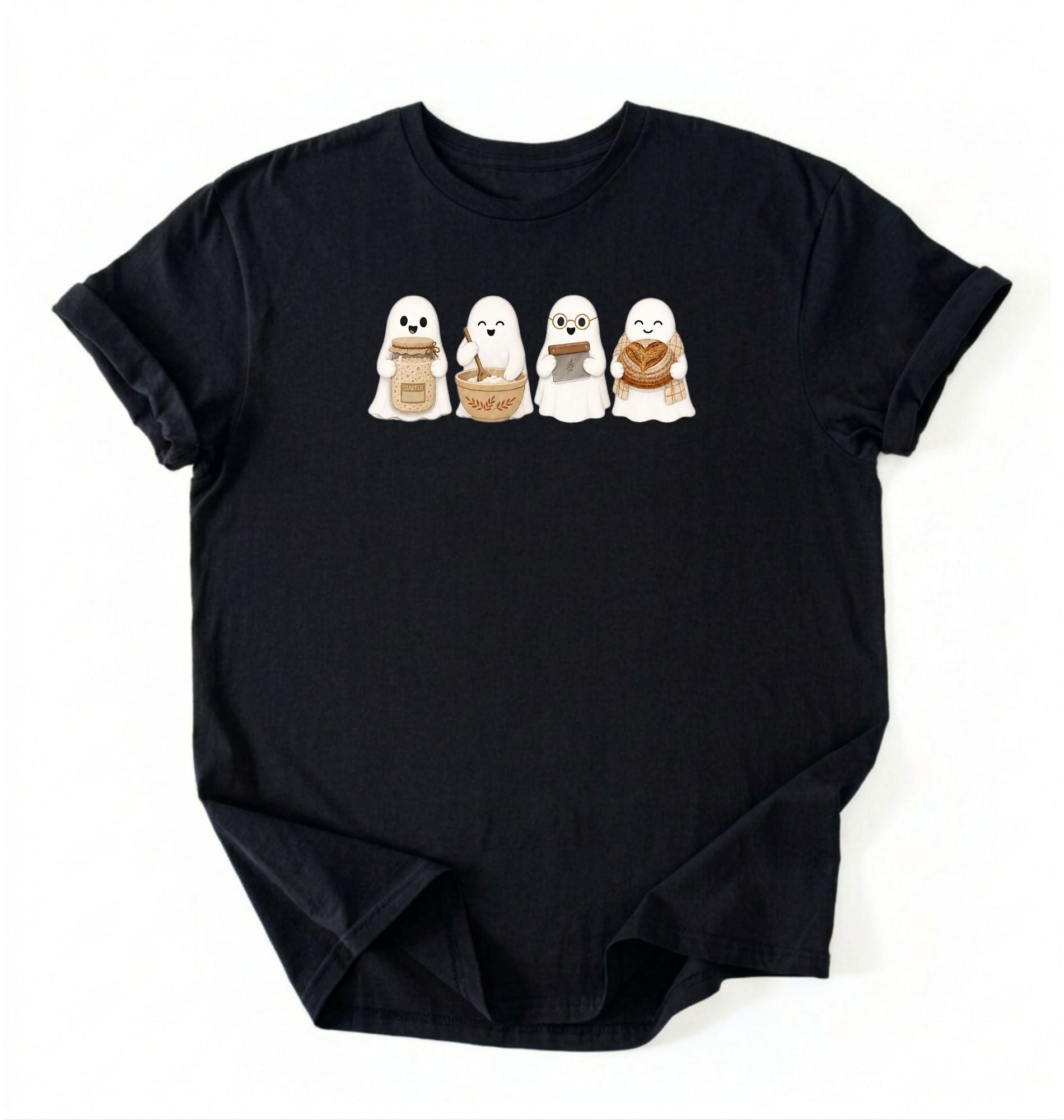 Ghost Baking Crew T‑Shirt, Cute Ghosts with Bread, Pastry & Coffee