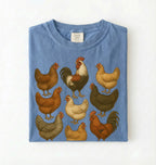 Vintage chicken breeds illustration shirt featuring colorful hens and roosters, perfect gift for chicken lovers and gardeners