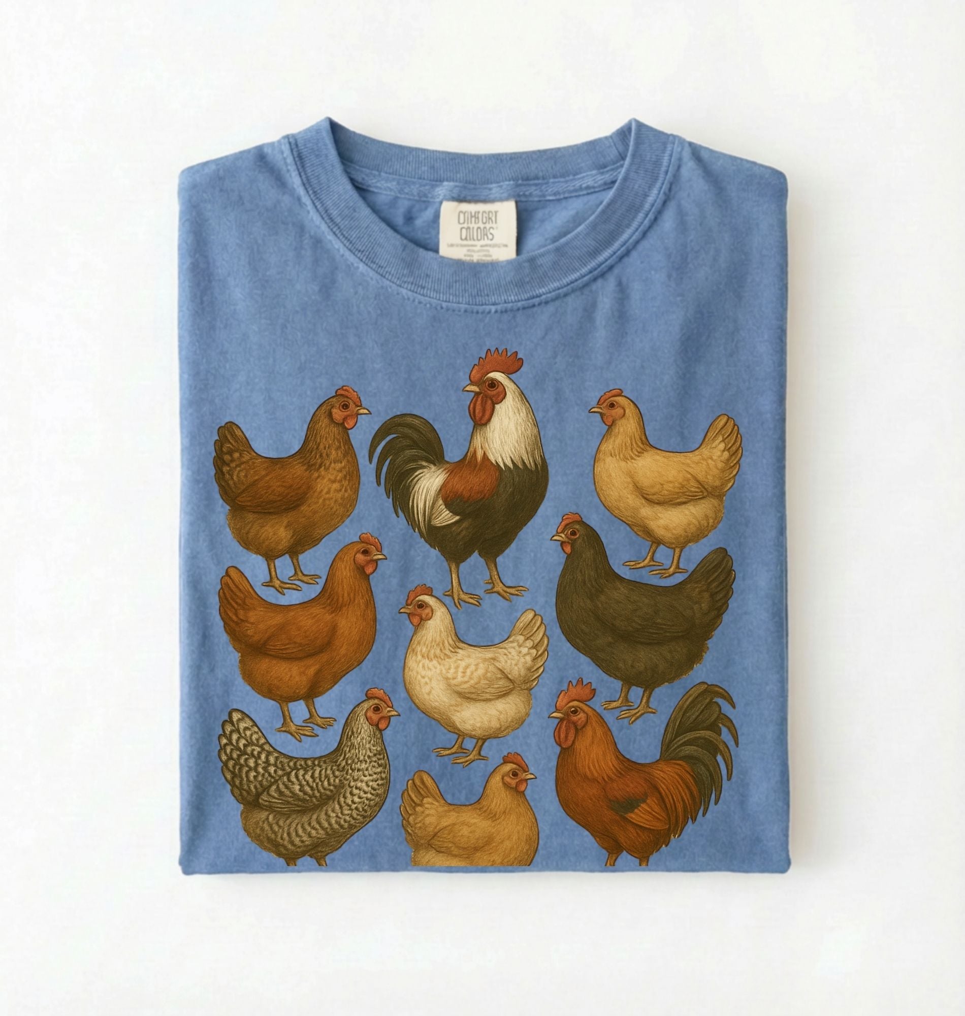 Vintage chicken breeds illustration shirt featuring colorful hens and roosters, perfect gift for chicken lovers and gardeners