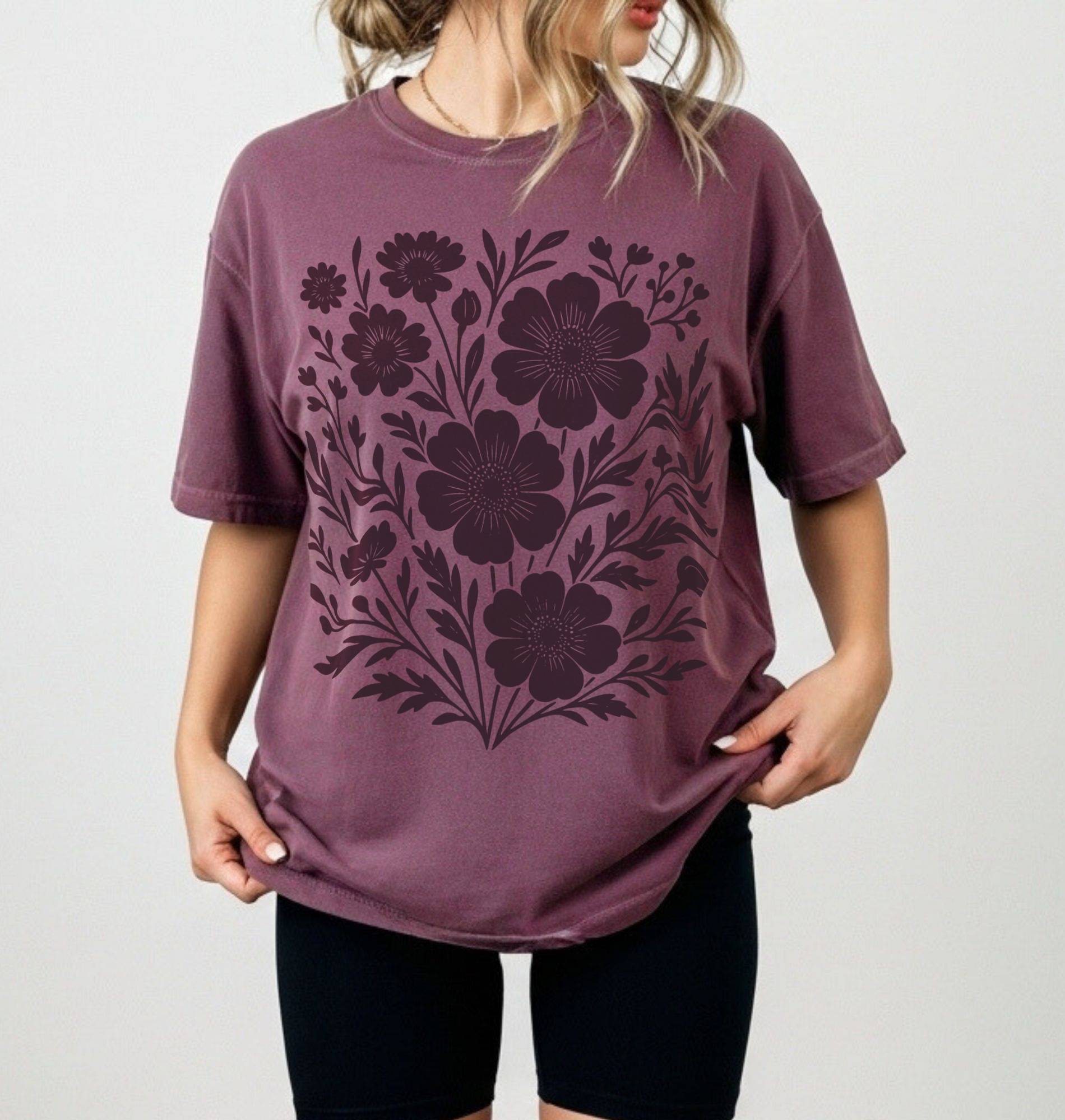 botanical floral t shirt with vintage wildflower illustration in berry, cottagecore gardener gift tee