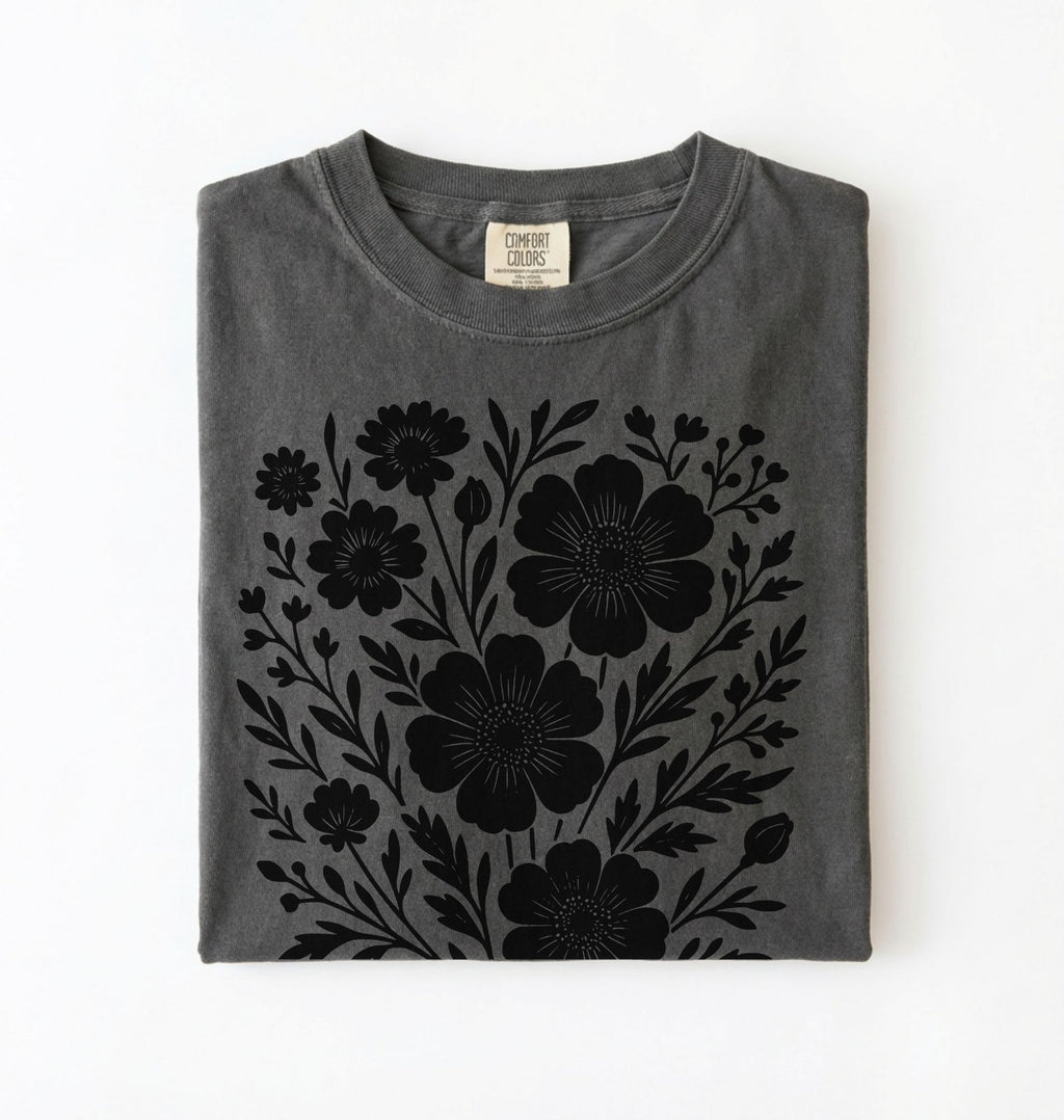 botanical floral t shirt with vintage wildflower illustration in pepper, cottagecore gardener gift tee