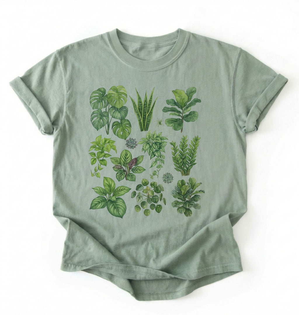 Botanical plant illustration shirt with green houseplants, perfect gardener gift for plant lovers and nature fans
