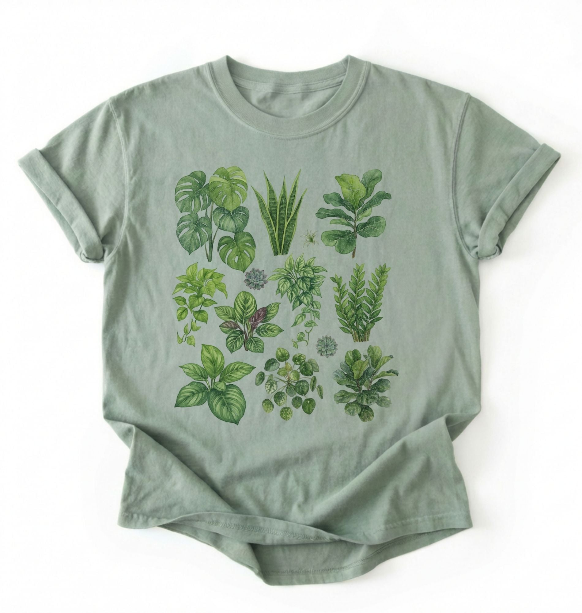 Botanical plant illustration shirt with green houseplants, perfect gardener gift for plant lovers and nature fans