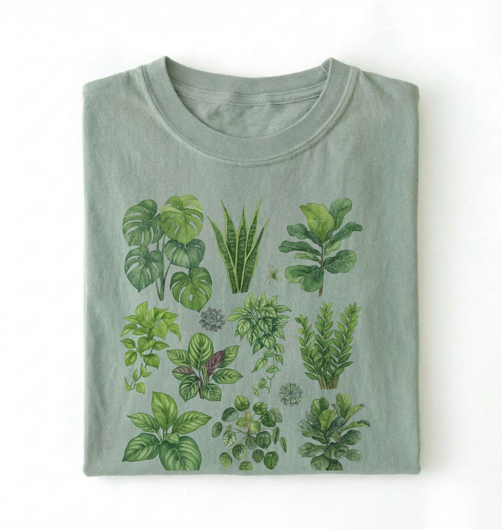 Botanical plant illustration shirt with green houseplants, perfect gardener gift for plant lovers and nature fans