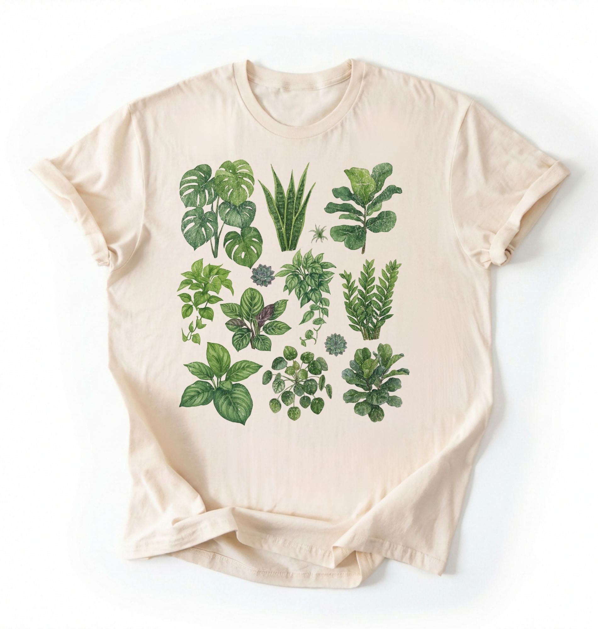 Botanical plant illustration shirt with green houseplants, perfect gardener gift for plant lovers and nature fans