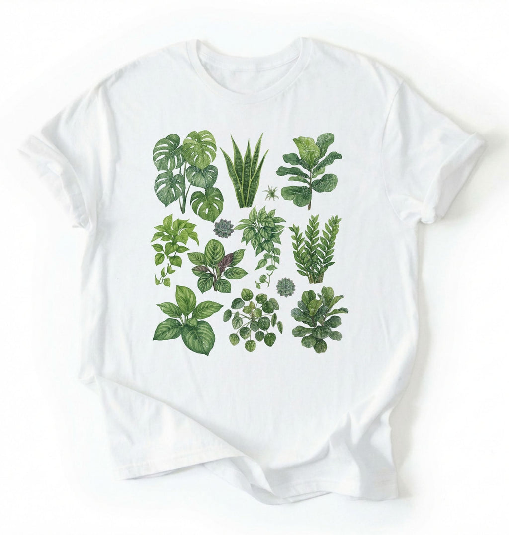 Flat lay of a Botanical plant illustration shirt with green houseplants, perfect gardener gift for plant lovers and nature fans on a white background 