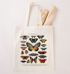 Vintage butterfly field guide illustration printed on a natural canvas tote bag, eco friendly nature lover gift