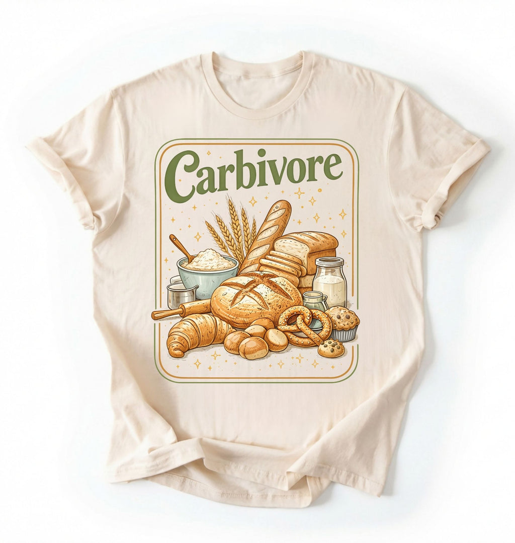 Flay lay of a natural carbivore bread lover shirt funny baking gift for sourdough fans and bread lovers aesthetic t-shirt on a white background