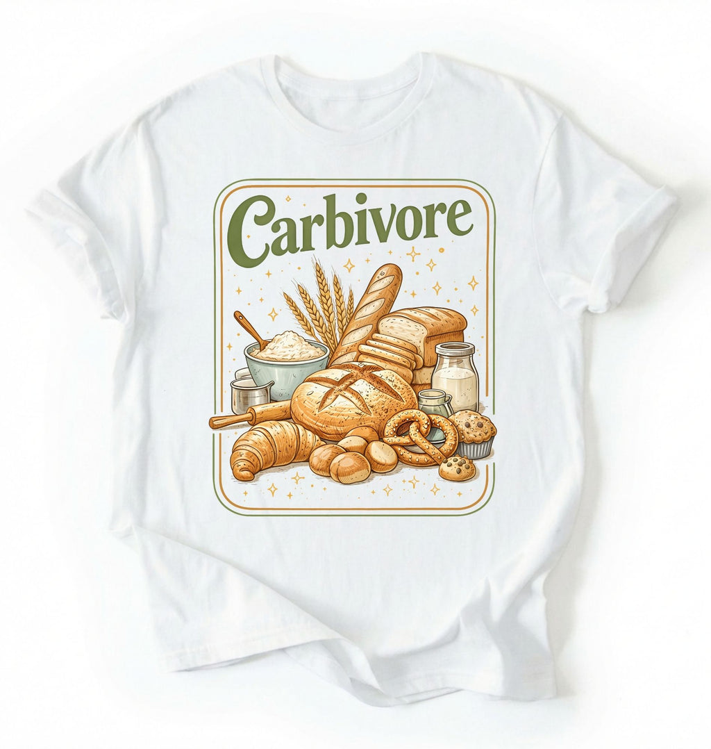 Flay lay of a white carbivore bread lover shirt funny baking gift for sourdough fans and bread lovers aesthetic t-shirt on a white background