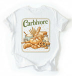 Flay lay of a white carbivore bread lover shirt funny baking gift for sourdough fans and bread lovers aesthetic t-shirt on a white background