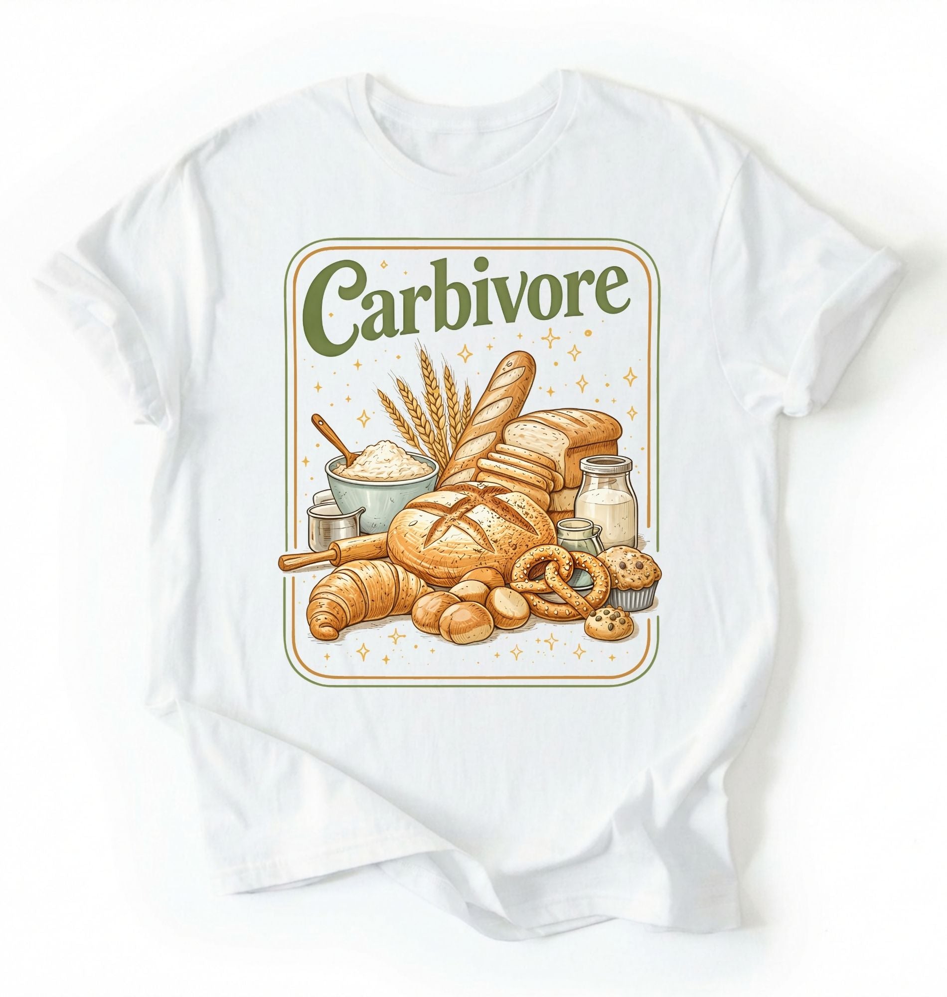 Flay lay of a white carbivore bread lover shirt funny baking gift for sourdough fans and bread lovers aesthetic t-shirt on a white background