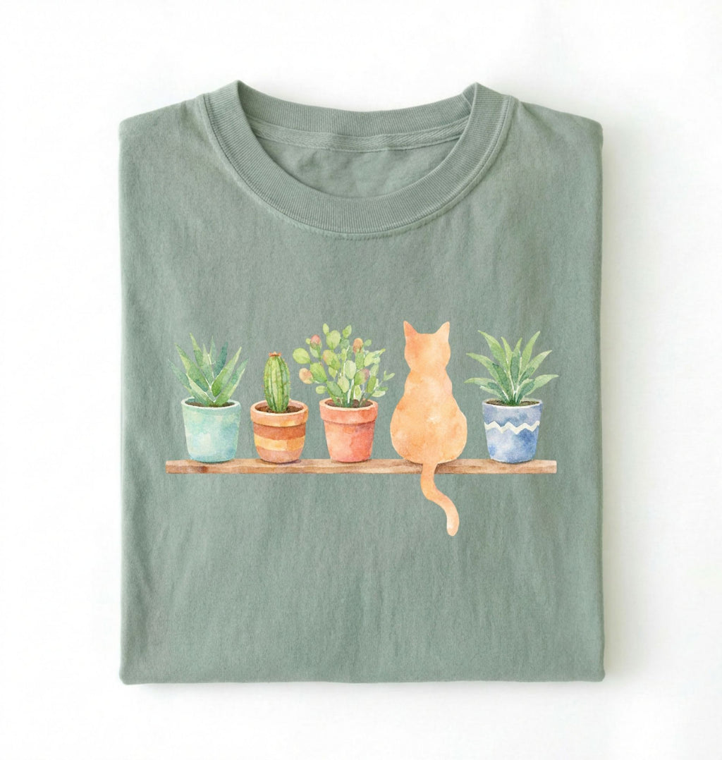 Flat lay of a bay t-shirt featuring a watercolor illustration of potted plants on a shelf with a cat sitting among them on a white background 