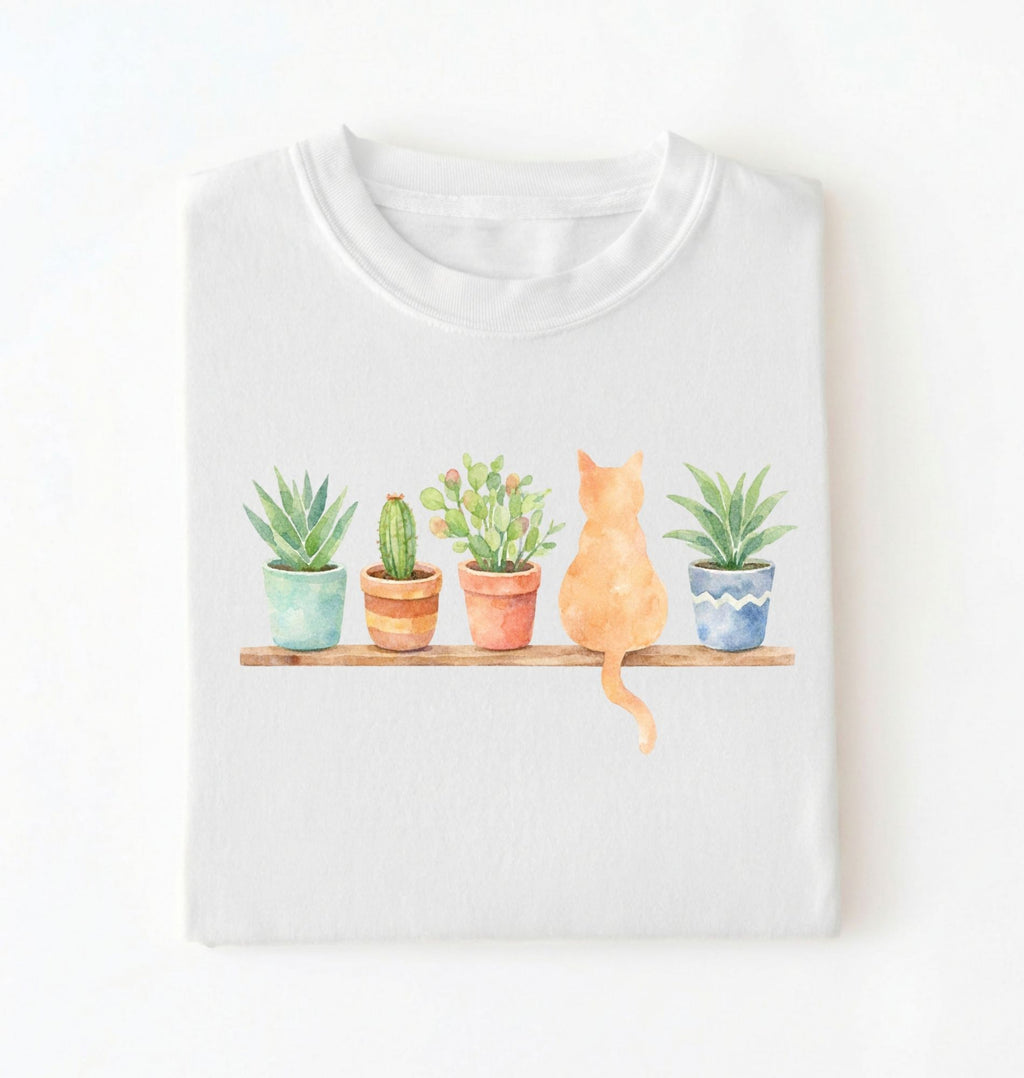 Flat lay of a white t-shirt featuring a watercolor illustration of potted plants on a shelf with a cat sitting among them on a white background 
