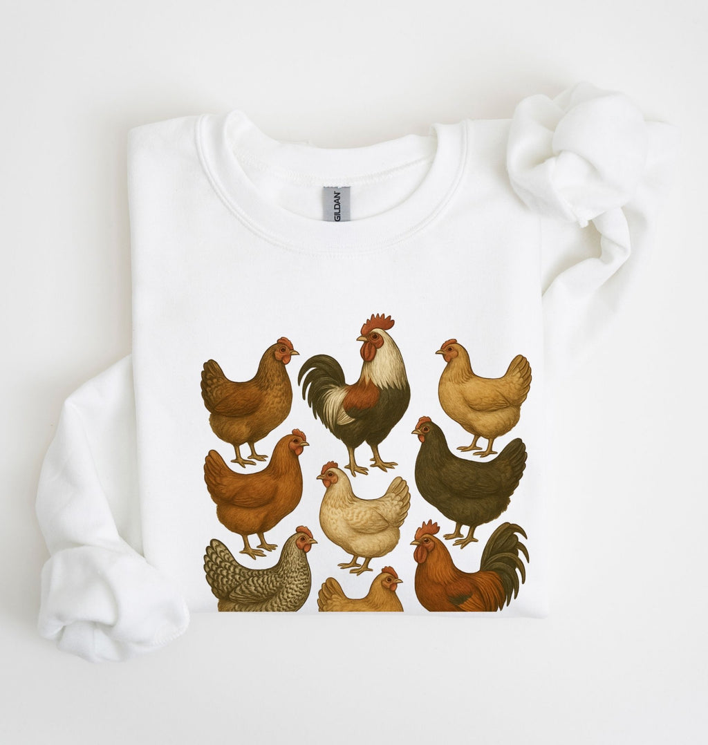 Chicken breeds sweatshirt with illustrated farm chickens for chicken lovers