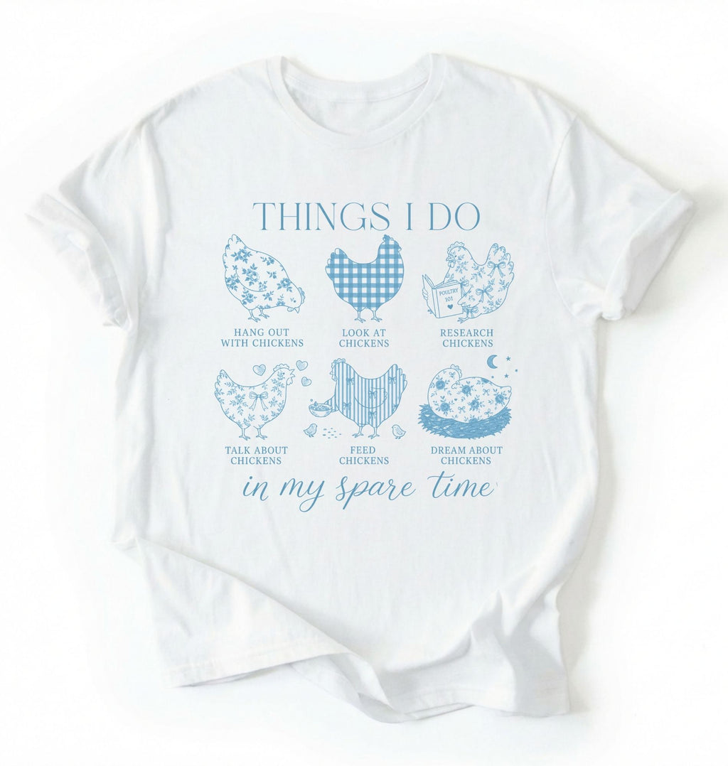Flat lay of a white chicken lover shirt white funny chicken mom t shirt backyard flock farmhouse gift design on a white background 