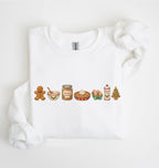 A white crewneck sweatshirt featuring a horizontal row of Christmas-themed gingerbread illustrations across the chest, displayed on a clean white background.