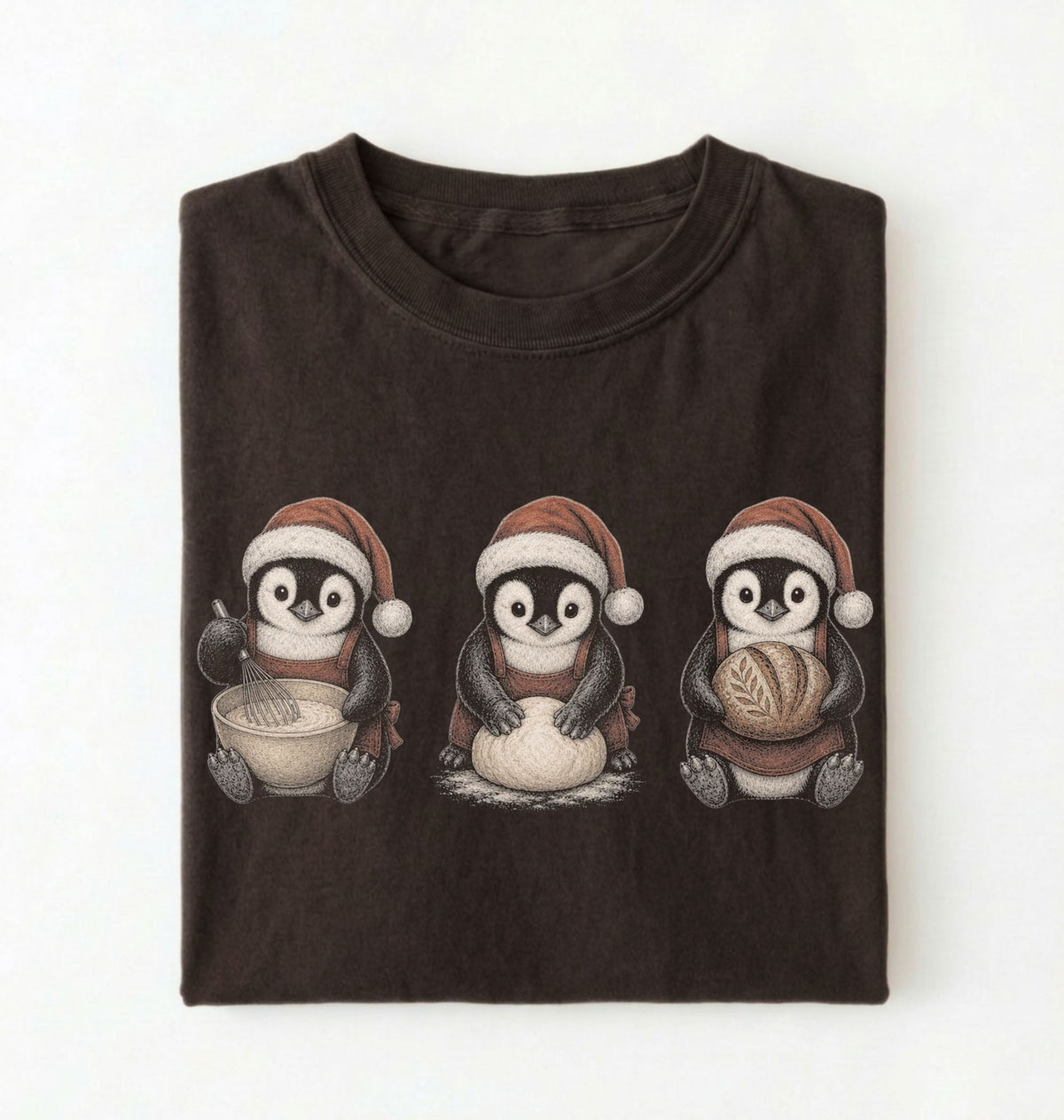 A dark brown folded t-shirt featuring a graphic of three penguins wearing Santa hats, each holding a different baking ingredient (sugar, flour, chocolate), on a clean white background.