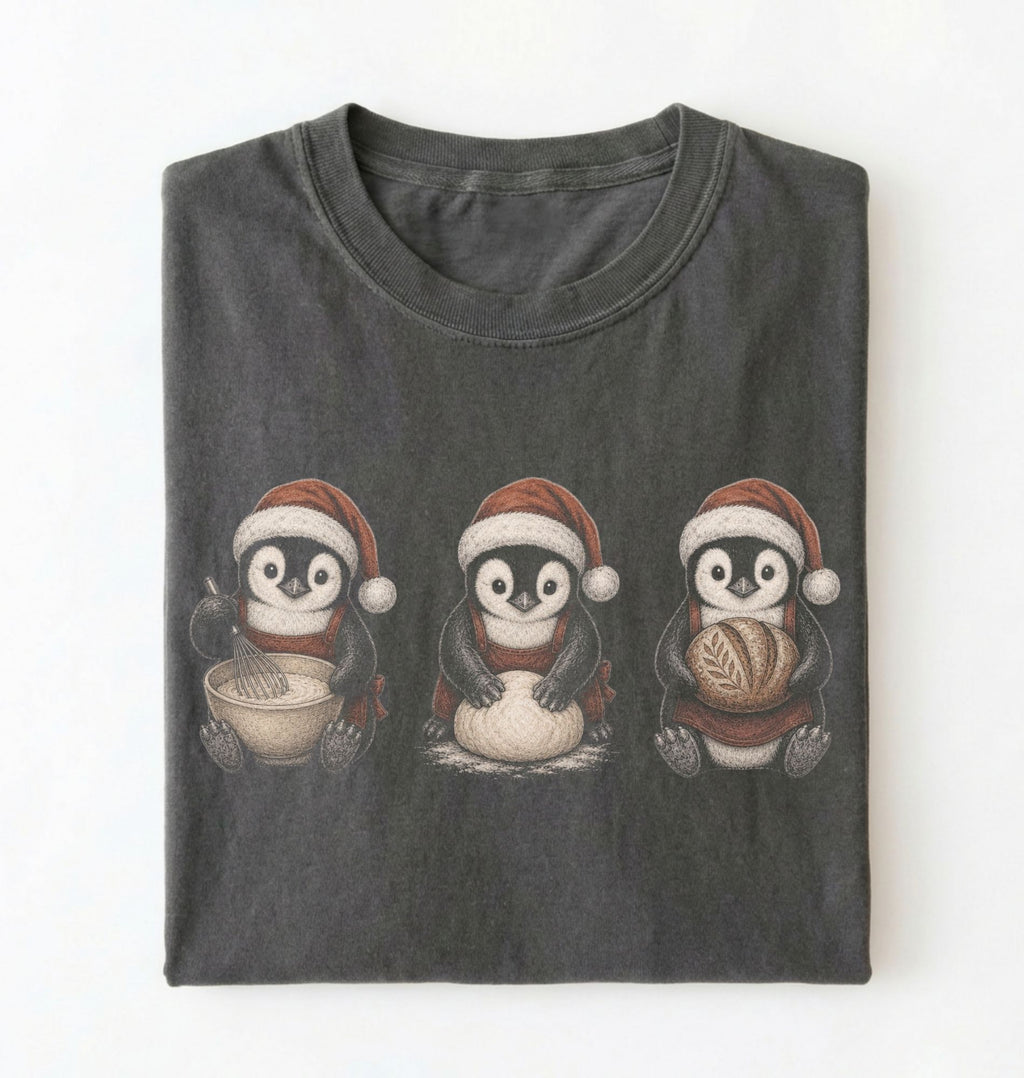 A dark gray folded t-shirt featuring a graphic of three penguins wearing Santa hats and scarves, each holding a bowl or package, on a plain white background.
