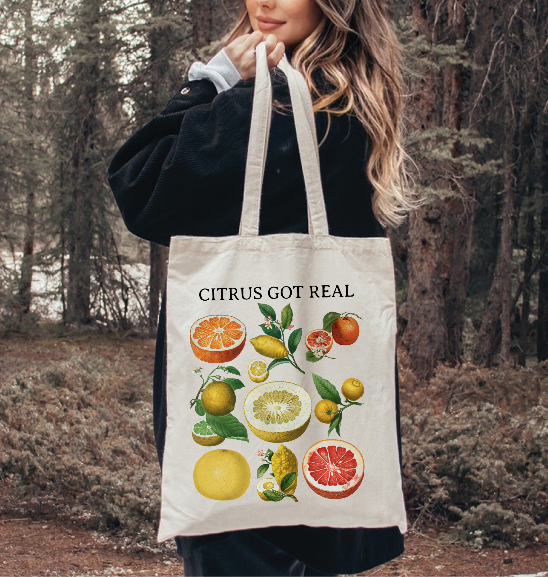 Canvas tote bag with vintage citrus fruit illustrations and “Citrus Got Real” text, eco-friendly market bag and gardener gift