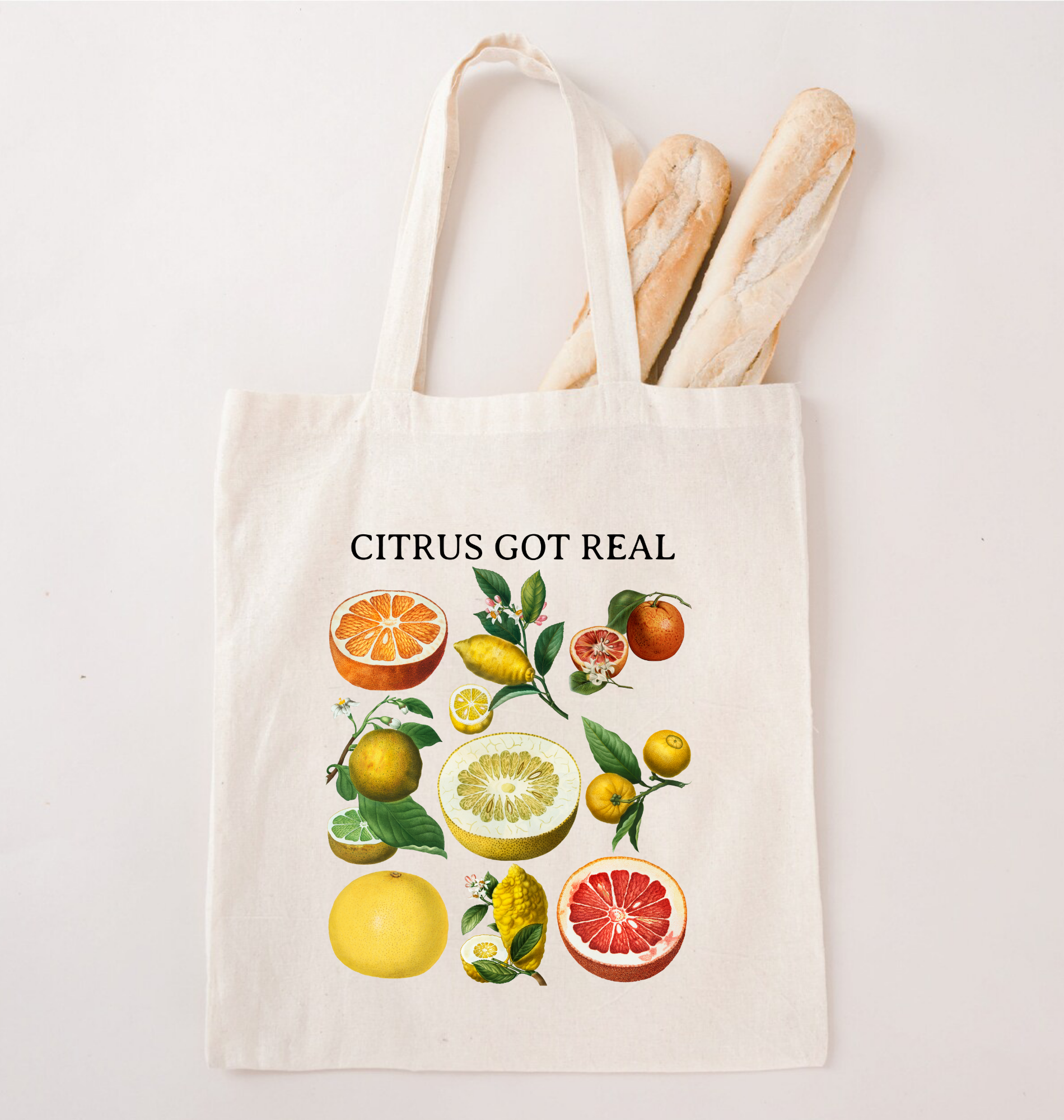 Canvas tote bag with vintage citrus fruit illustrations and “Citrus Got Real” text, eco-friendly market bag and gardener gift