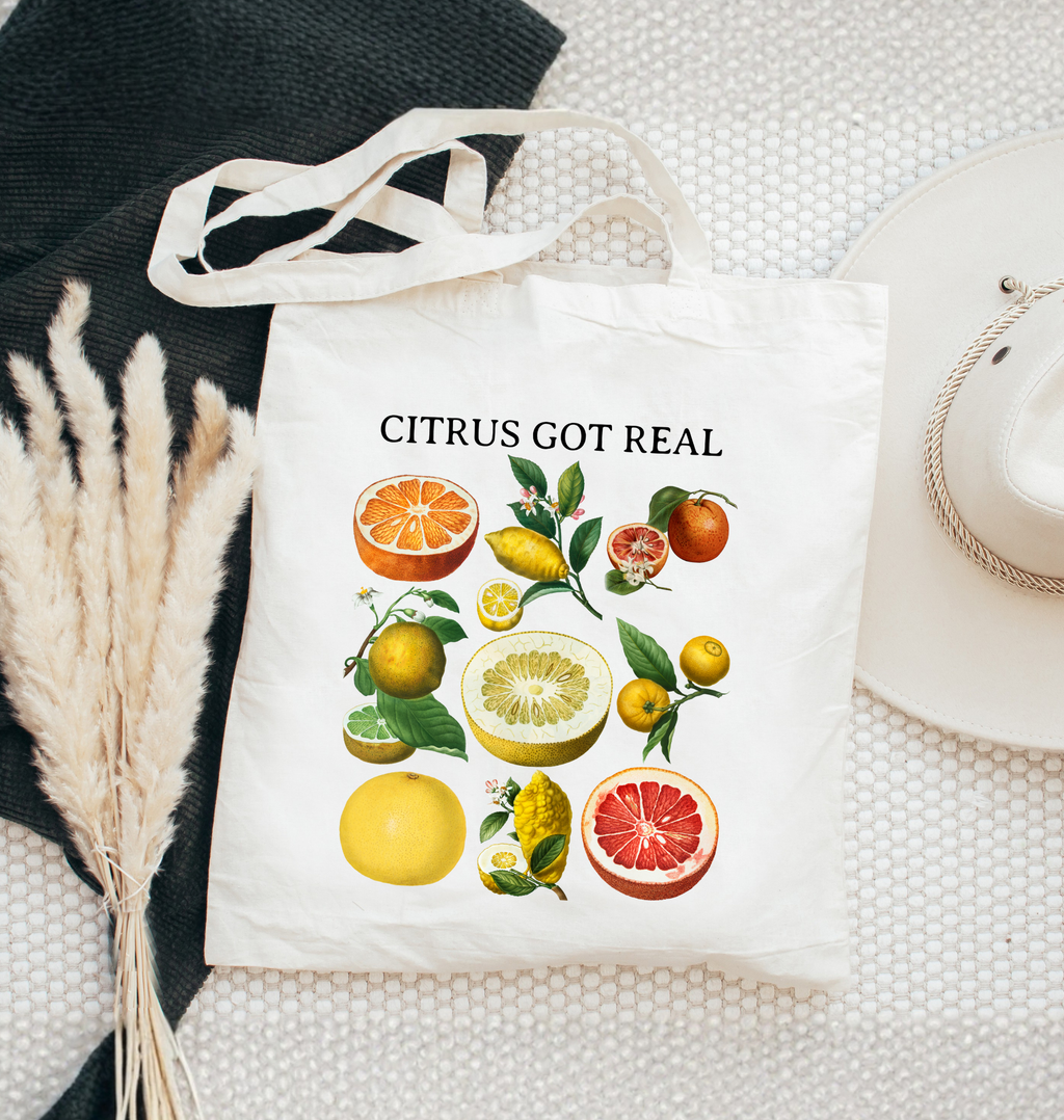Canvas tote bag with vintage citrus fruit illustrations and “Citrus Got Real” text, eco-friendly market bag and gardener gift