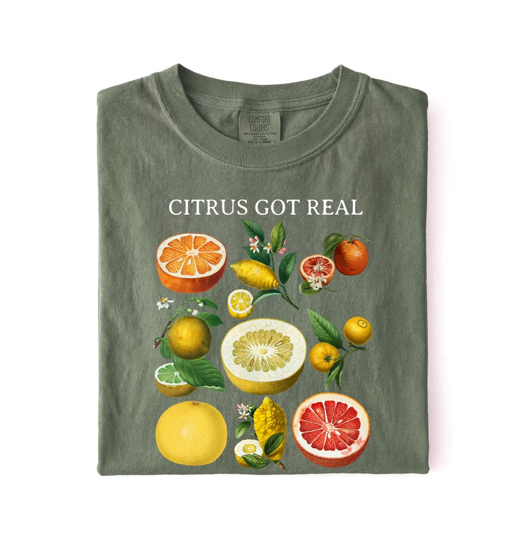Vintage citrus fruit graphic t-shirt with lemons oranges and grapefruit botanical illustration