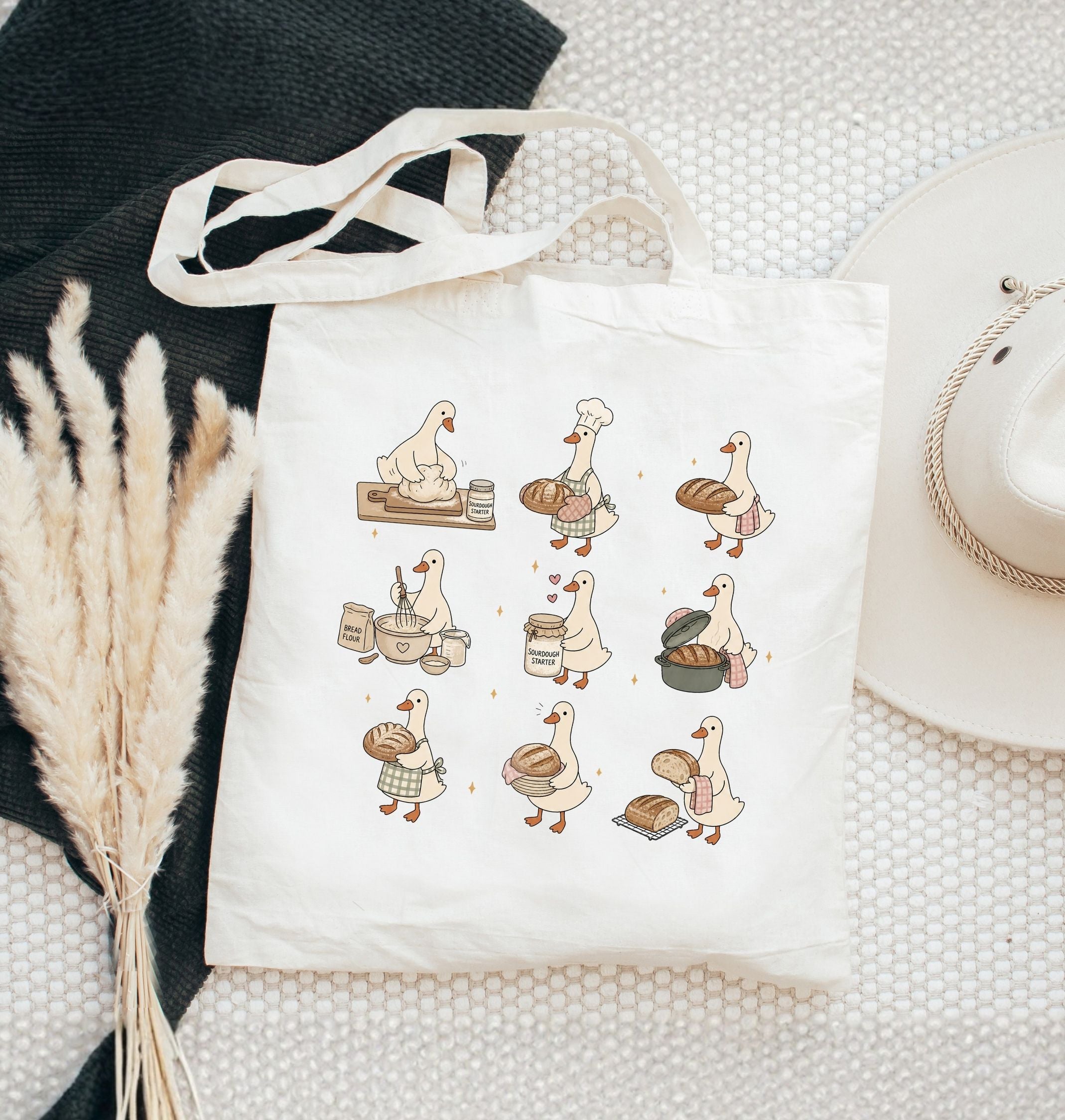 Cute goose tote bag featuring geese baking bread and carrying bakery ingredients