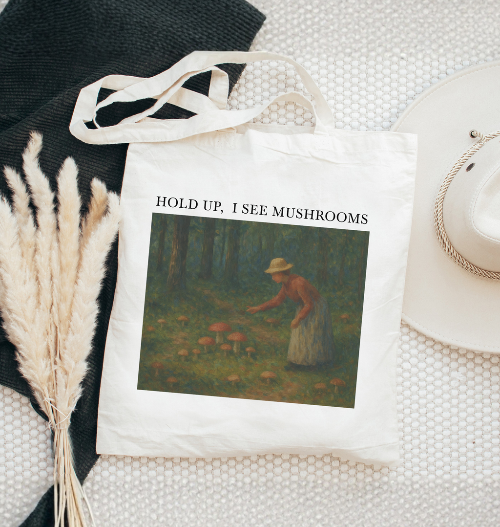 Cottagecore mushroom foraging tote bag with vintage artwork, eco friendly canvas market bag, gardener gift idea