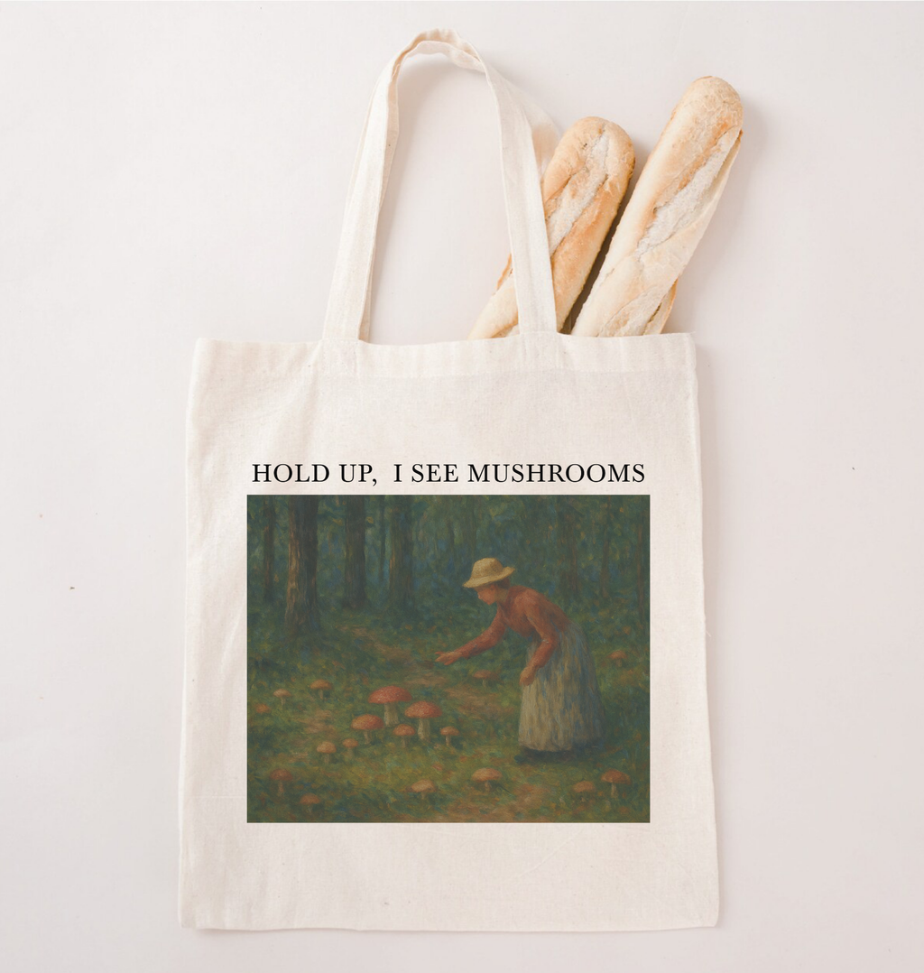 Cottagecore mushroom foraging tote bag with vintage artwork, eco friendly canvas market bag, gardener gift idea