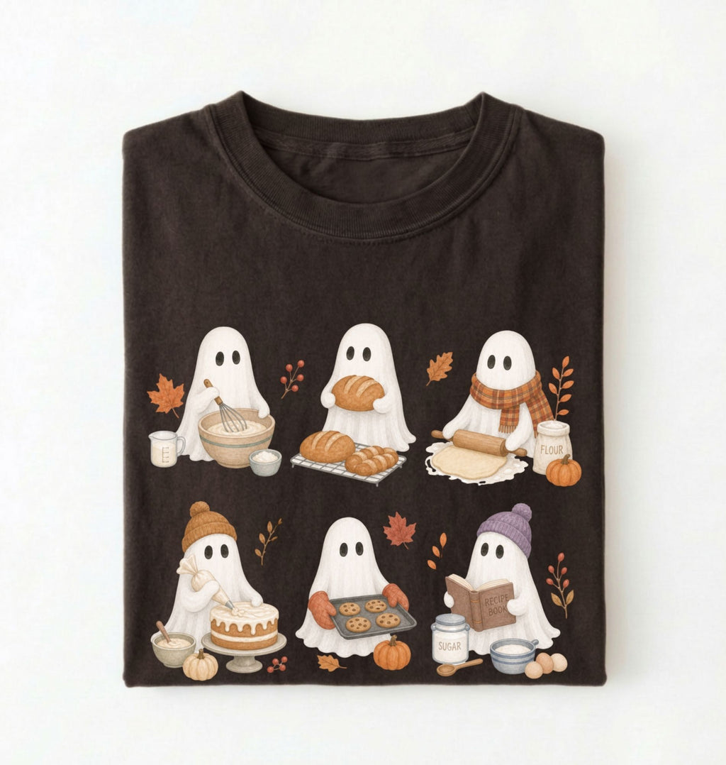 Flat lay of a Dark chocolate Halloween baking shirt featuring six cute ghosts making bread, cake, cookies and dough on a white background