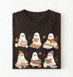 Flat lay of a Dark chocolate Halloween baking shirt featuring six cute ghosts making bread, cake, cookies and dough on a white background