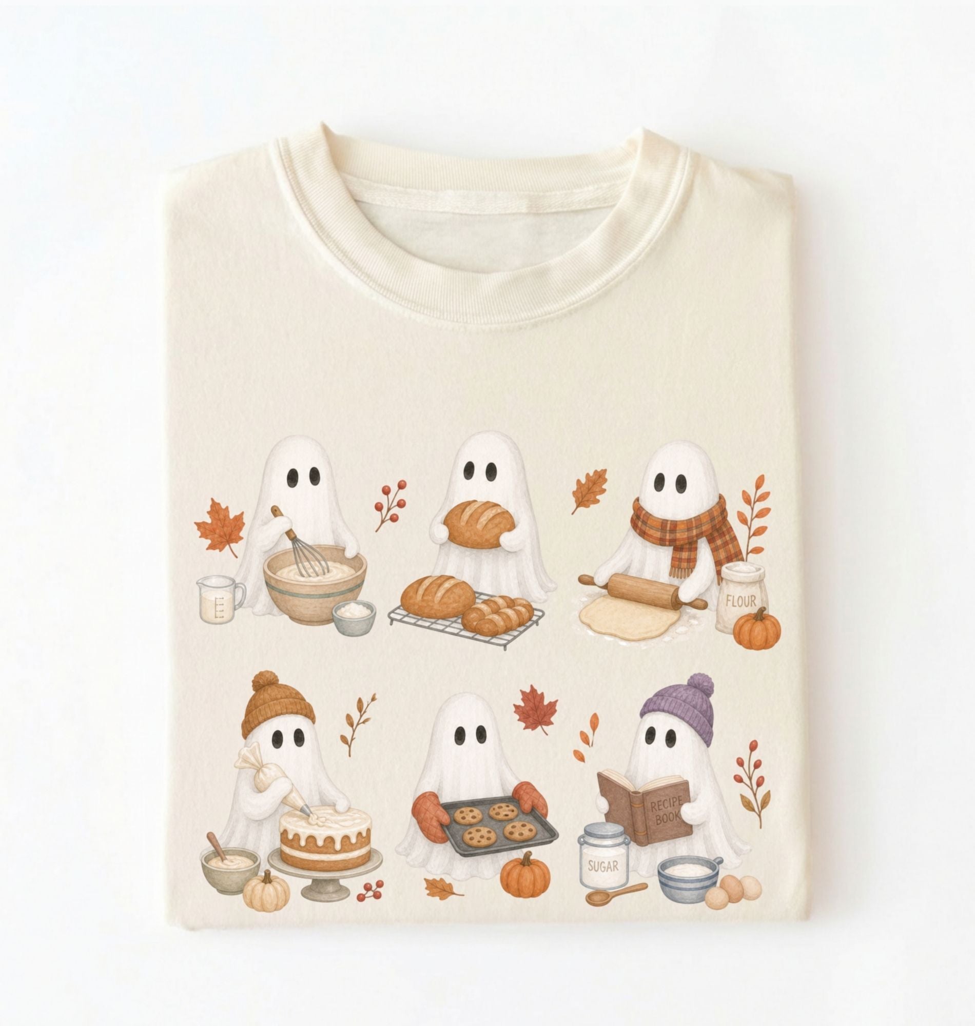A cream-colored crewneck t-shirt with a graphic print of five cute cartoon ghosts baking autumn treats, displayed flat against a clean white background.