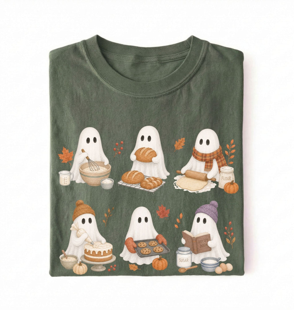 A folded dark olive green t-shirt with a cute cartoon graphic of six white ghosts dressed in autumn activities like baking, writing, and reading, set against a plain white background.
