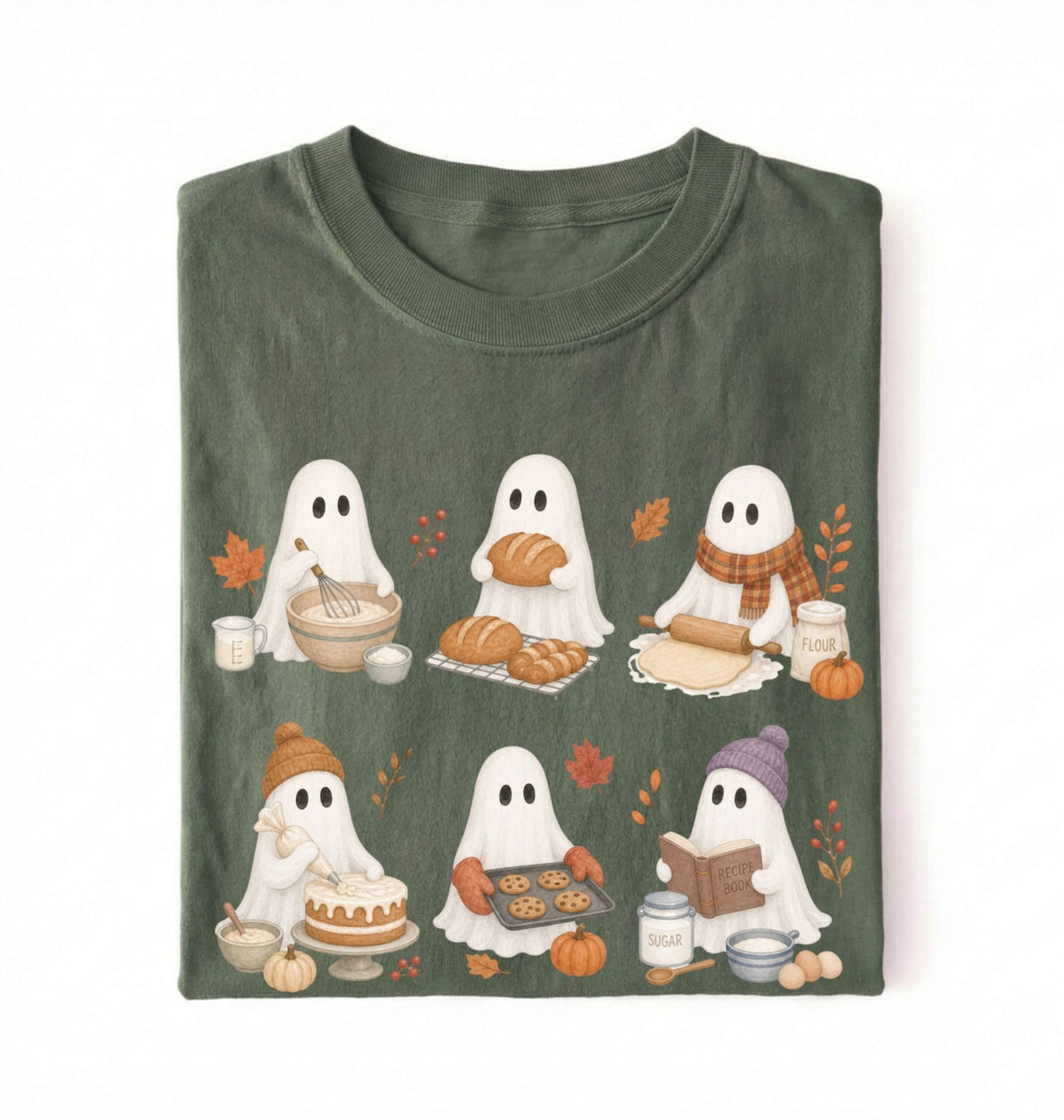 A folded dark olive green t-shirt with a cute cartoon graphic of six white ghosts dressed in autumn activities like baking, writing, and reading, set against a plain white background.
