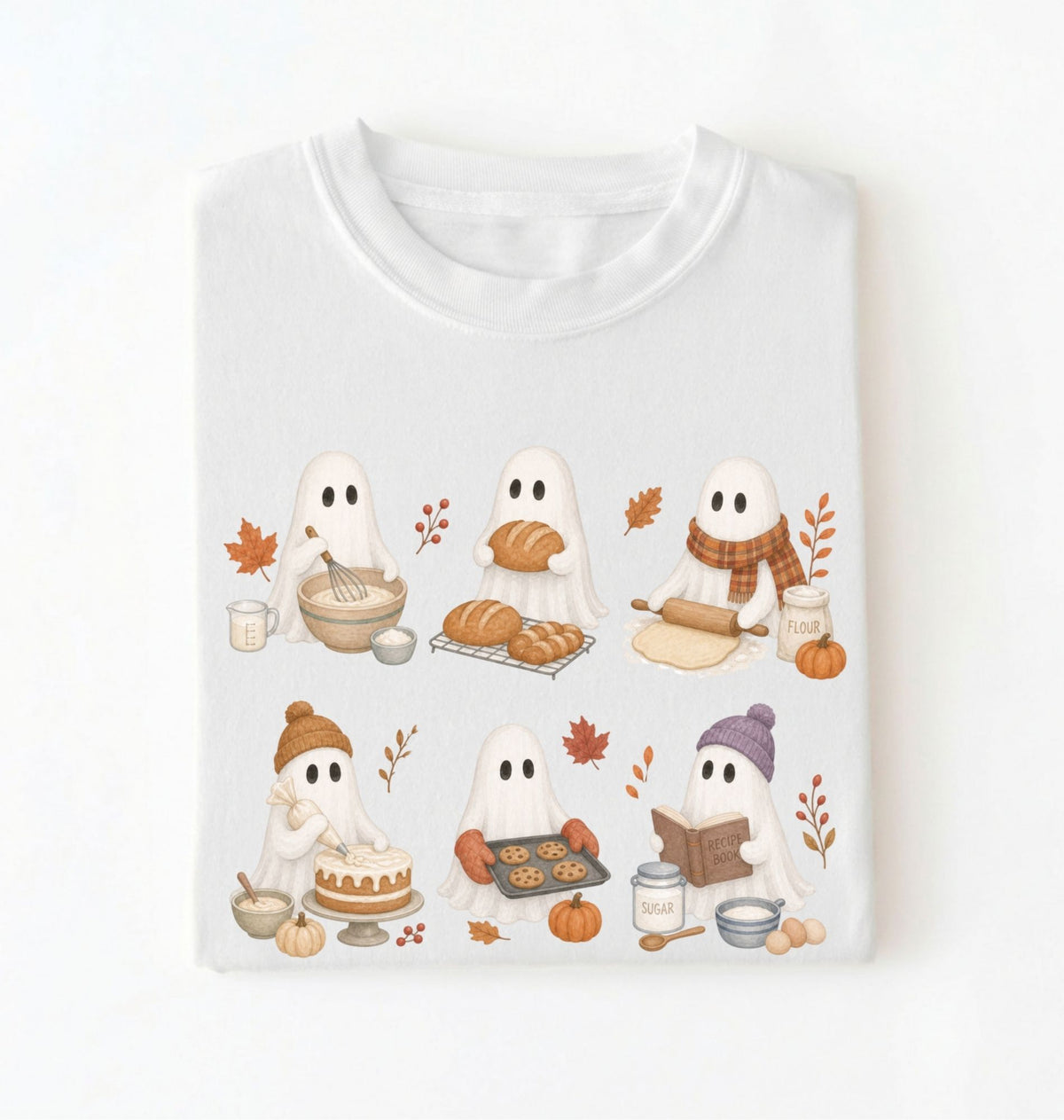 A white short-sleeve crewneck t-shirt with a cute cartoon graphic of six ghosts baking autumn treats, displayed on a clean white background.