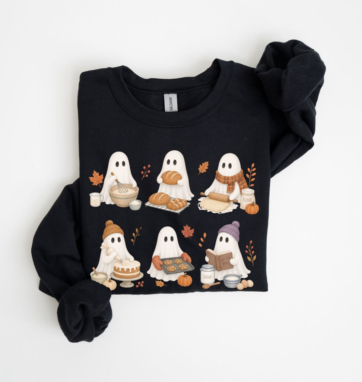 A black long-sleeve sweatshirt with a graphic print of six cute cartoon ghosts eating autumn treats, styled flat on a white background.