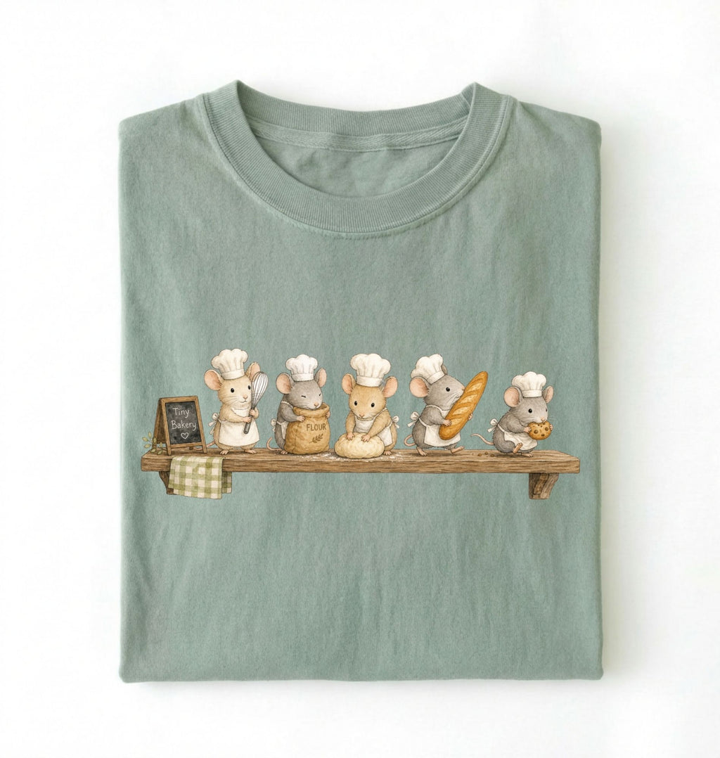 A folded sage green t-shirt with a graphic print of five cute cartoon mice dressed as chefs and bakers sitting on a wooden shelf, displayed against a plain white background.